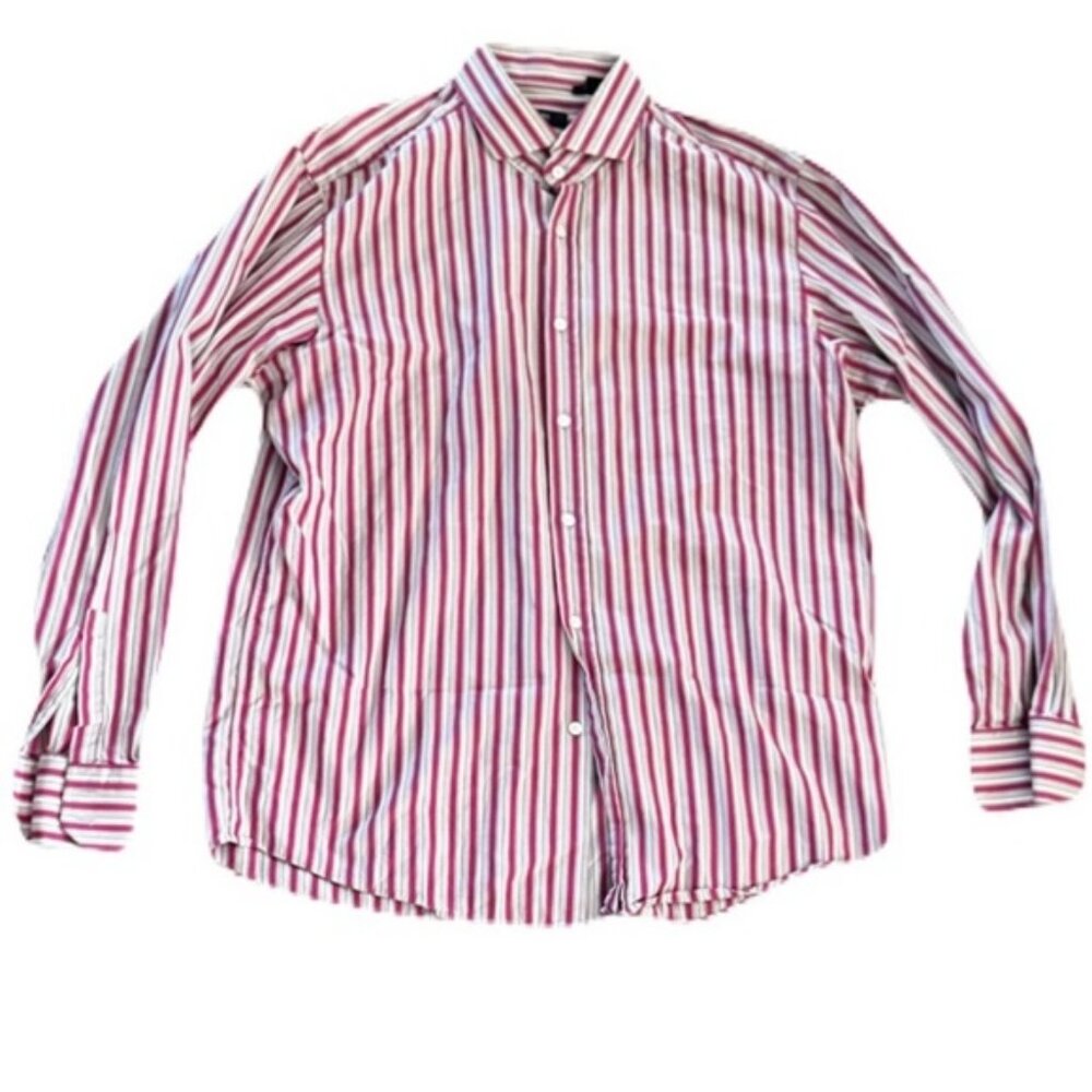 Hugo  Boss 17 1/2 x 34 Multi Color Striped Shirt Regular Fit Dress Shirt